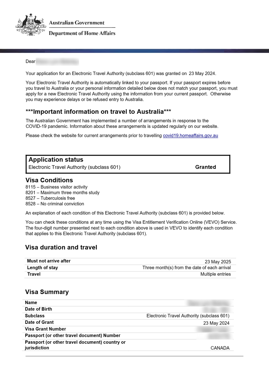 Sample Australia eTA subclass 601 grant notice with Granted status
